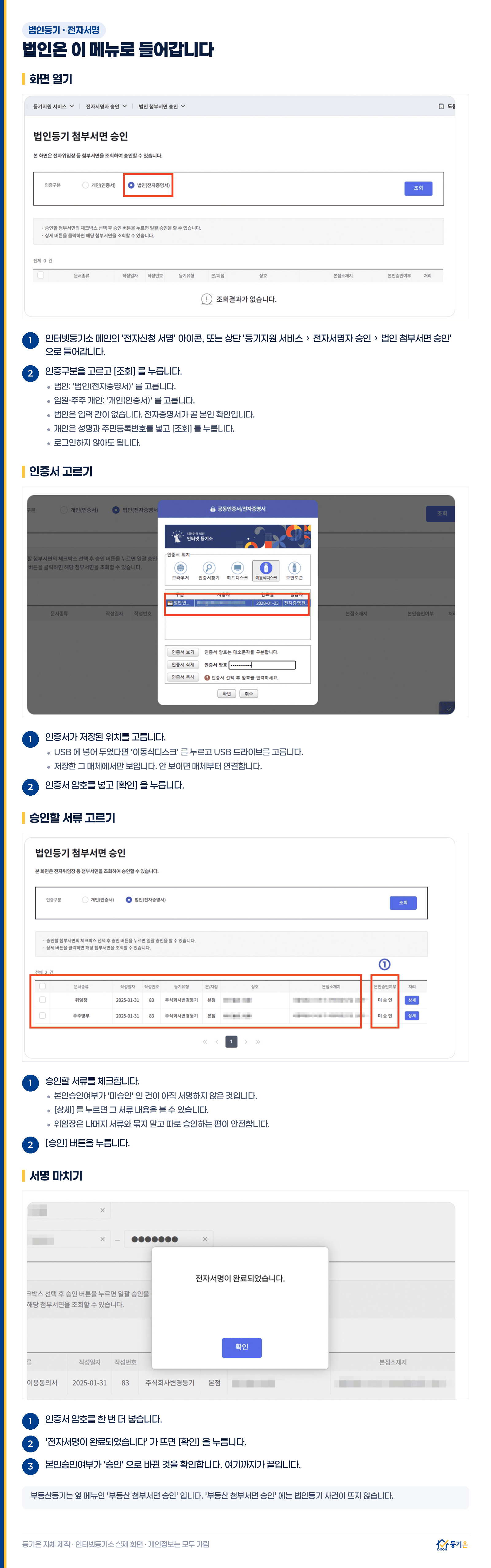 법인등기 첨부서면 승인 화면 안내: 인터넷등기소 메인의 전자신청 서명 아이콘 또는 등기지원 서비스의 전자서명자 승인에서 법인 첨부서면 승인으로 들어가, 인증구분에서 법인(전자증명서) 또는 개인(인증서)을 고르고 조회를 누른 뒤, 인증서 창에서 저장 위치와 암호를 입력하고, 목록에서 승인할 서류를 체크해 승인 버튼을 누르는 순서